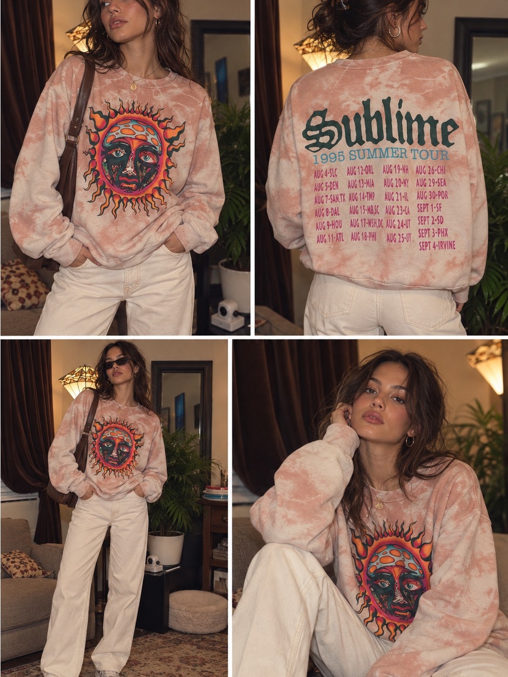 Sublime 1995 Summer Tour Pink Tie-Dye Crewneck Sweater Y2K Preppy 90’s